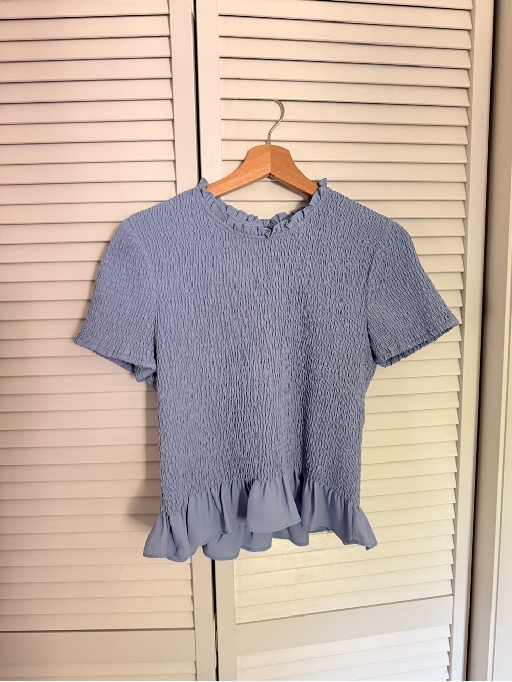 Express Light Blue Smocked Ruffle-Hem Short Sleeve Top